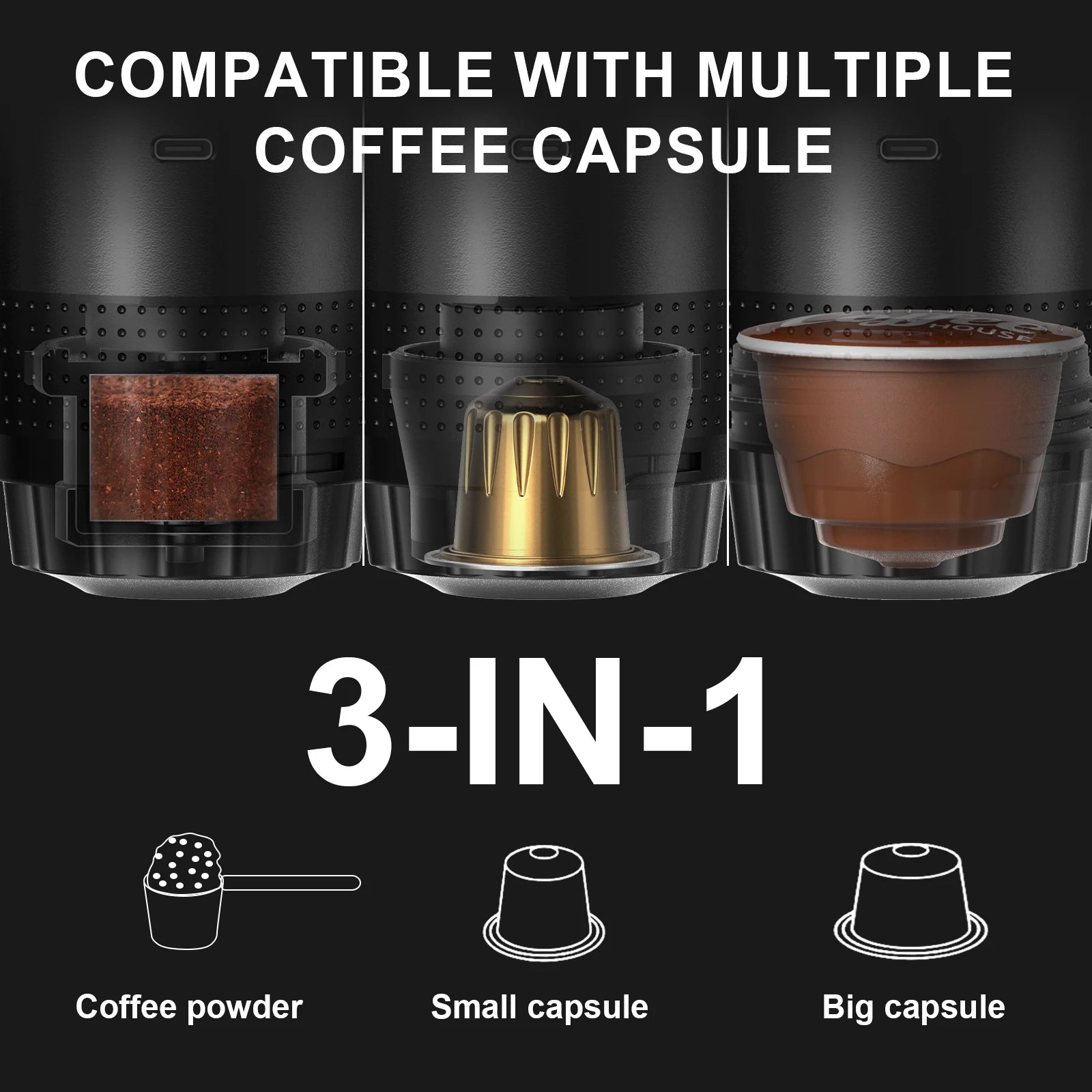 Portable Espresso Machine 3-in-1 | 20 Bar Pressure | USB-C Rechargeable | Compatible with Capsules & Ground Coffee | Car, Camping, Home & Travel - EditWell