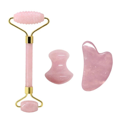 Rose Quartz Face Jade Roller Massagers Guasha Set Gua Sha Tools Natural Stone - EditWell