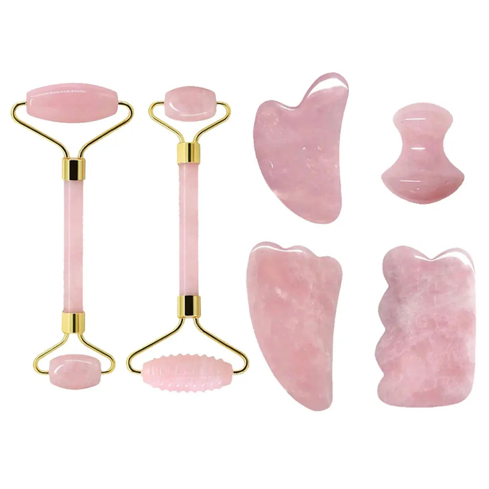 Rose Quartz Face Jade Roller Massagers Guasha Set Gua Sha Tools Natural Stone - EditWell