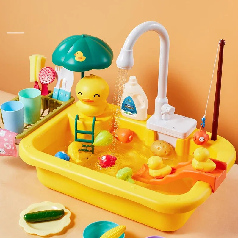 Electric Kids Kitchen Sink Toy with Running Water - Pretend Play Dishwasher and Food Fishing Role Play Gift for Girls