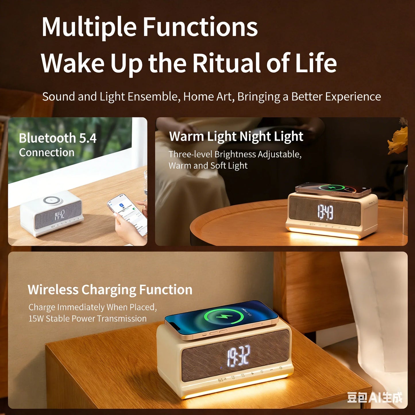 AuraSound Charge – LED Alarm Clock Speaker & Wireless Charger