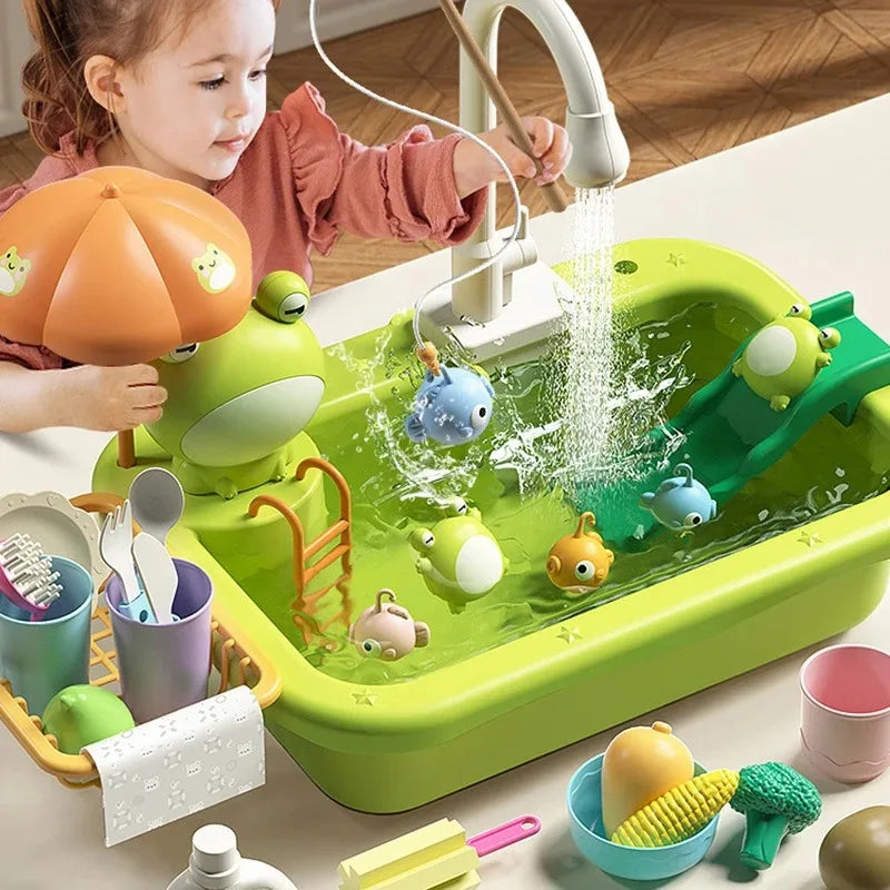 Electric Kids Kitchen Sink Toy with Running Water - Pretend Play Dishwasher and Food Fishing Role Play Gift for Girls