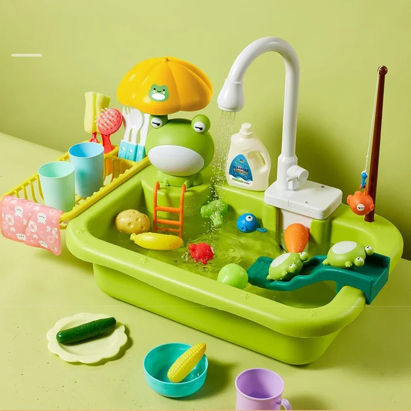 Electric Kids Kitchen Sink Toy with Running Water - Pretend Play Dishwasher and Food Fishing Role Play Gift for Girls