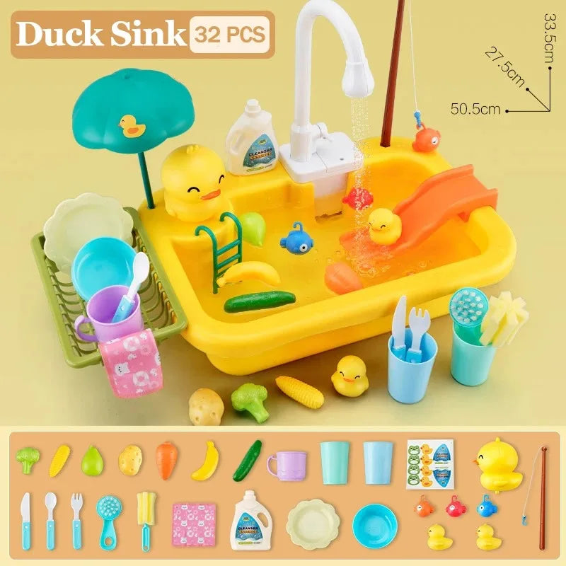 Electric Kids Kitchen Sink Toy with Running Water - Pretend Play Dishwasher and Food Fishing Role Play Gift for Girls