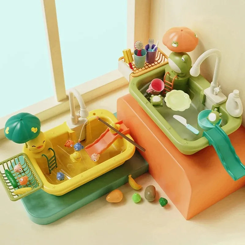Electric Kids Kitchen Sink Toy with Running Water - Pretend Play Dishwasher and Food Fishing Role Play Gift for Girls
