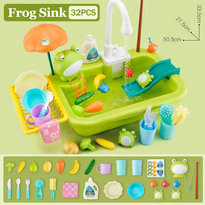 Electric Kids Kitchen Sink Toy with Running Water - Pretend Play Dishwasher and Food Fishing Role Play Gift for Girls