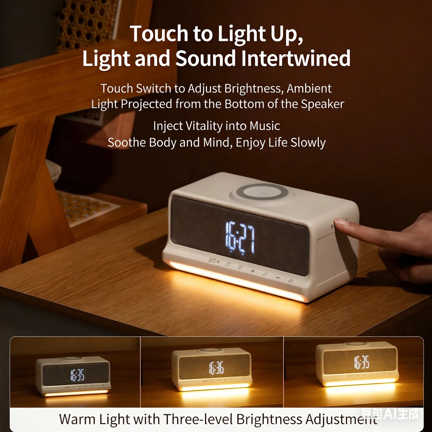 AuraSound Charge – LED Alarm Clock Speaker & Wireless Charger