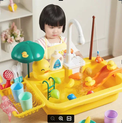 Electric Kids Kitchen Sink Toy with Running Water - Pretend Play Dishwasher and Food Fishing Role Play Gift for Girls