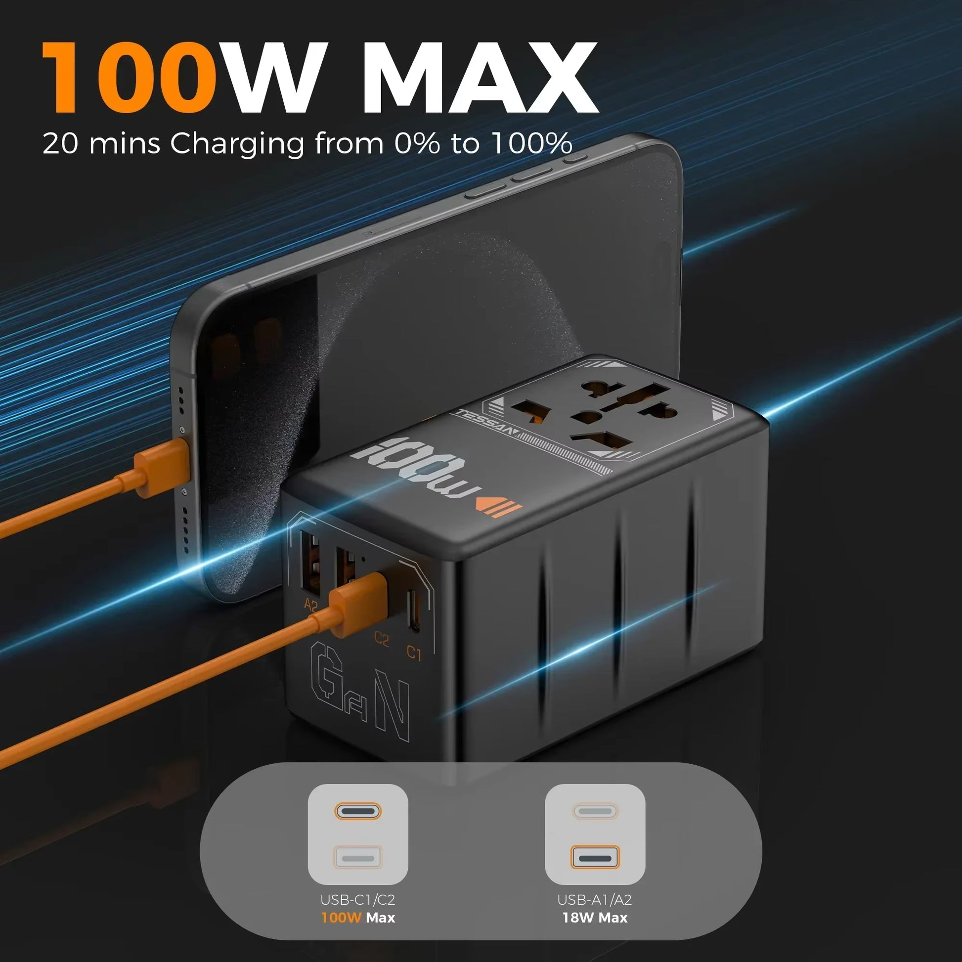 100W Gan Universal Travel Adapter with USB &Type C Fast Charging International Plug Adapter