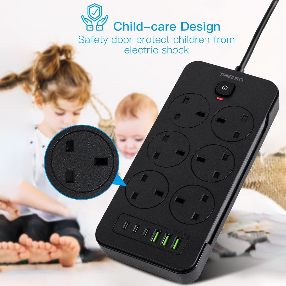 Surge Protected Extension Lead with 6 USB USB C 6Gang Way Power Cable UK Plug