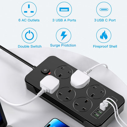 Surge Protected Extension Lead with 6 USB USB C 6Gang Way Power Cable UK Plug