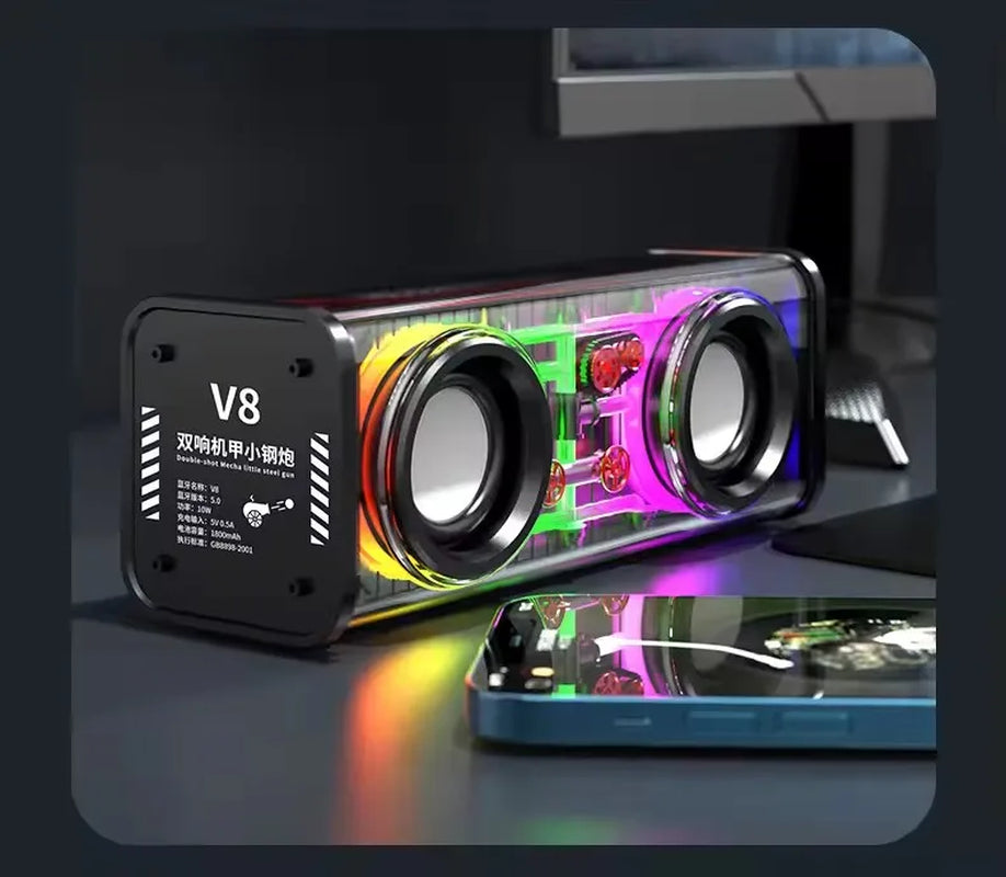 TWS V8 Transparent Mecha Bluetooth Wireless Surround Speaker with RGB Lighting and Enhanced Bass for Mini Home Parties