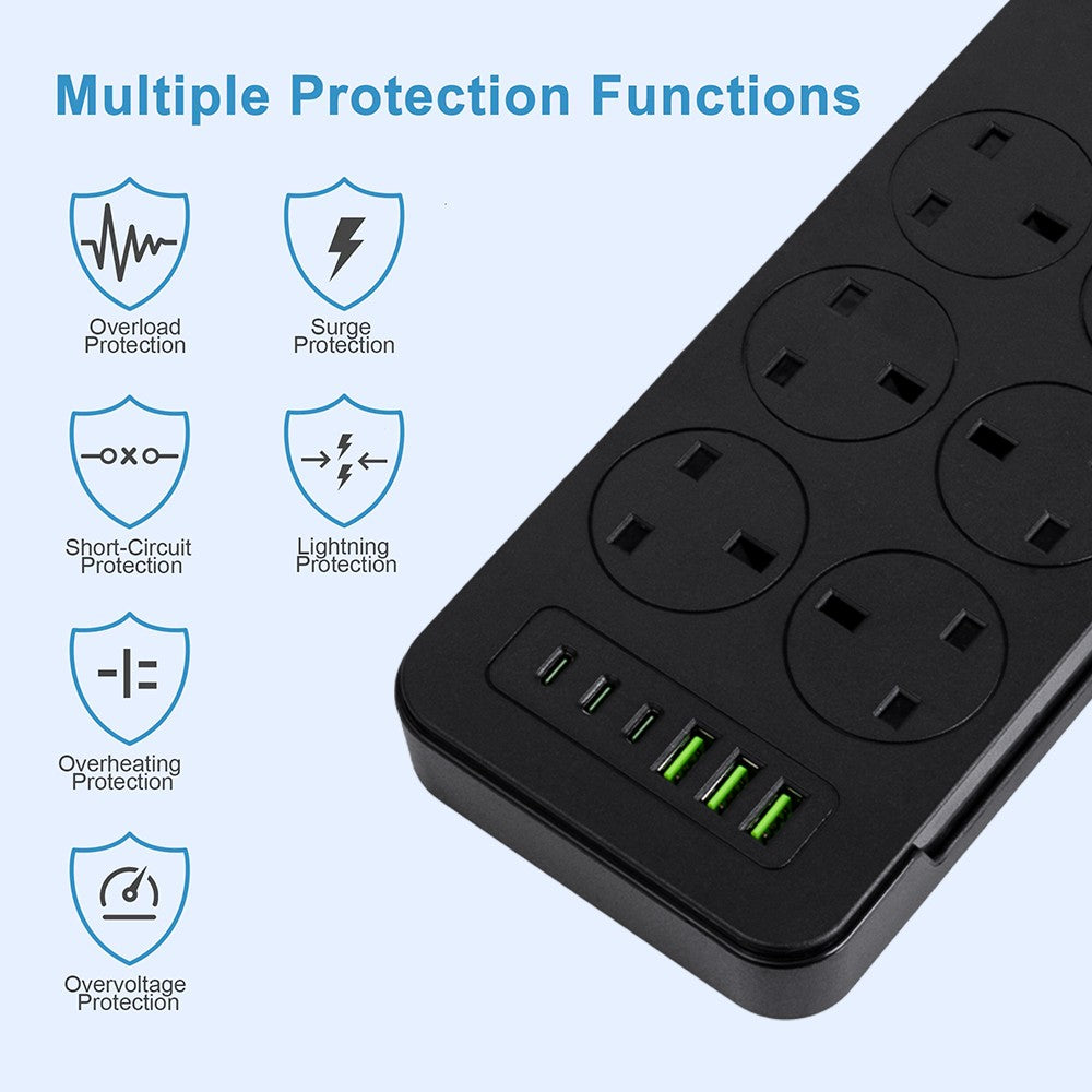 Surge Protected Extension Lead with 6 USB USB C 6Gang Way Power Cable UK Plug