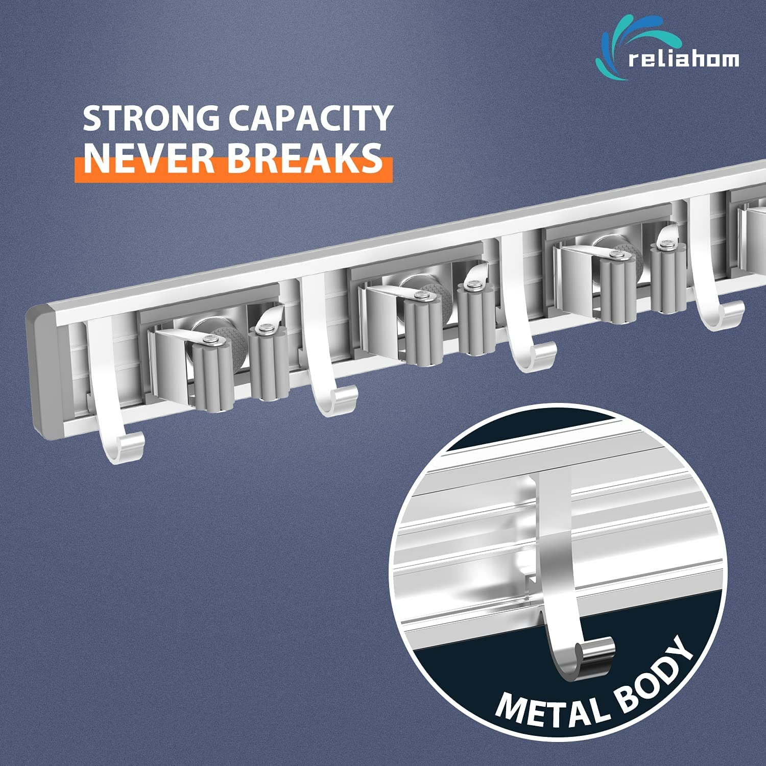 Broom Holder Wall Mount Mop and Broom Hanger Wall (4 Racks with 5 Hooks, Silver)