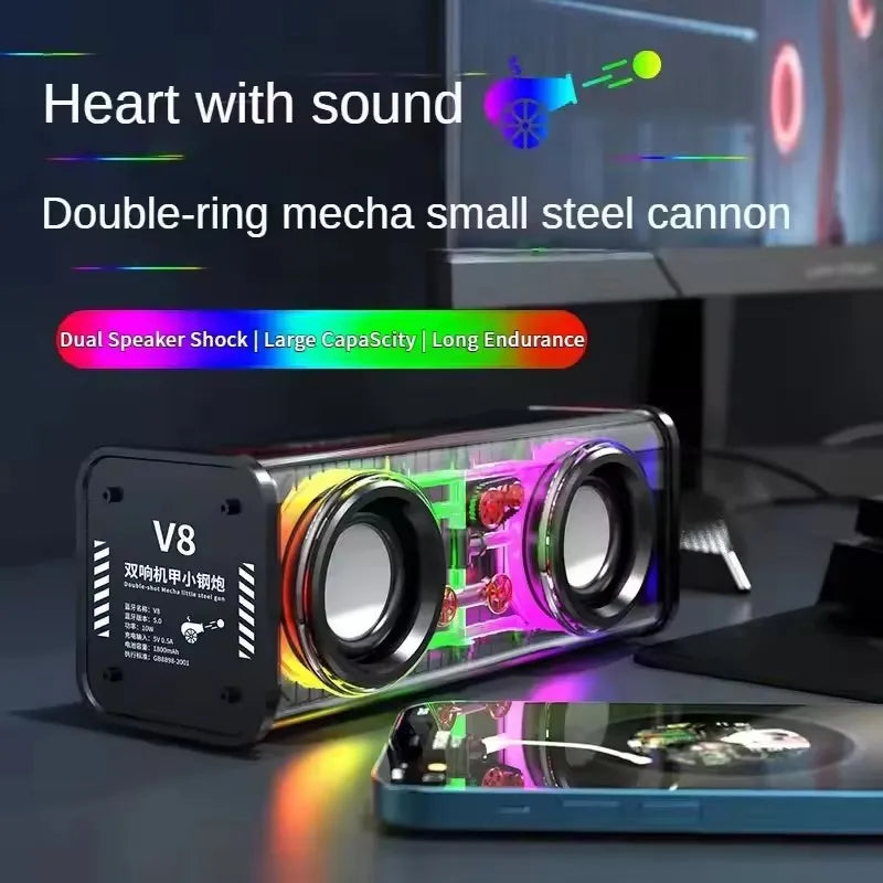 TWS V8 Transparent Mecha Bluetooth Wireless Surround Speaker with RGB Lighting and Enhanced Bass for Mini Home Parties