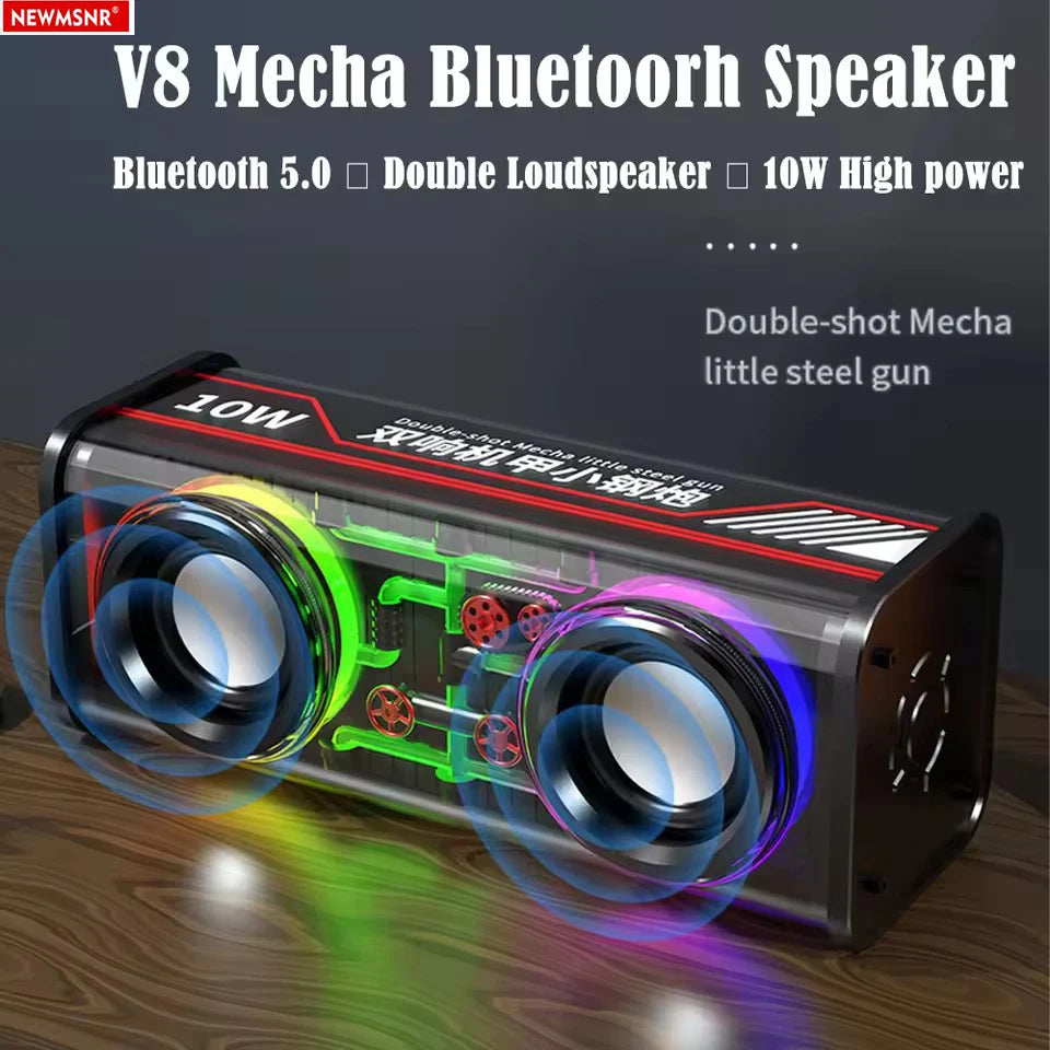 TWS V8 Transparent Mecha Bluetooth Wireless Surround Speaker with RGB Lighting and Enhanced Bass for Mini Home Parties