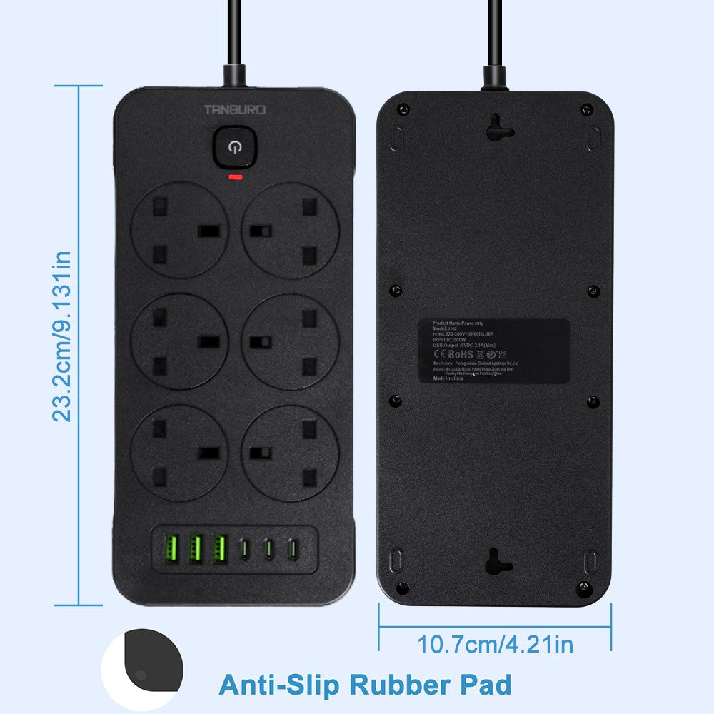 Surge Protected Extension Lead with 6 USB USB C 6Gang Way Power Cable UK Plug
