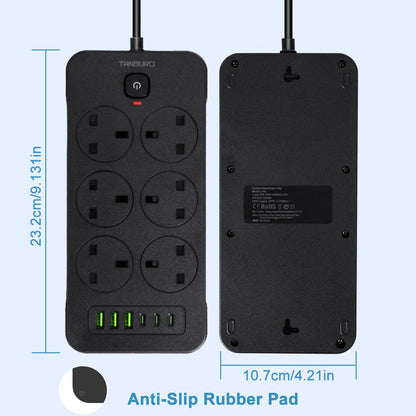 Surge Protected Extension Lead with 6 USB USB C 6Gang Way Power Cable UK Plug