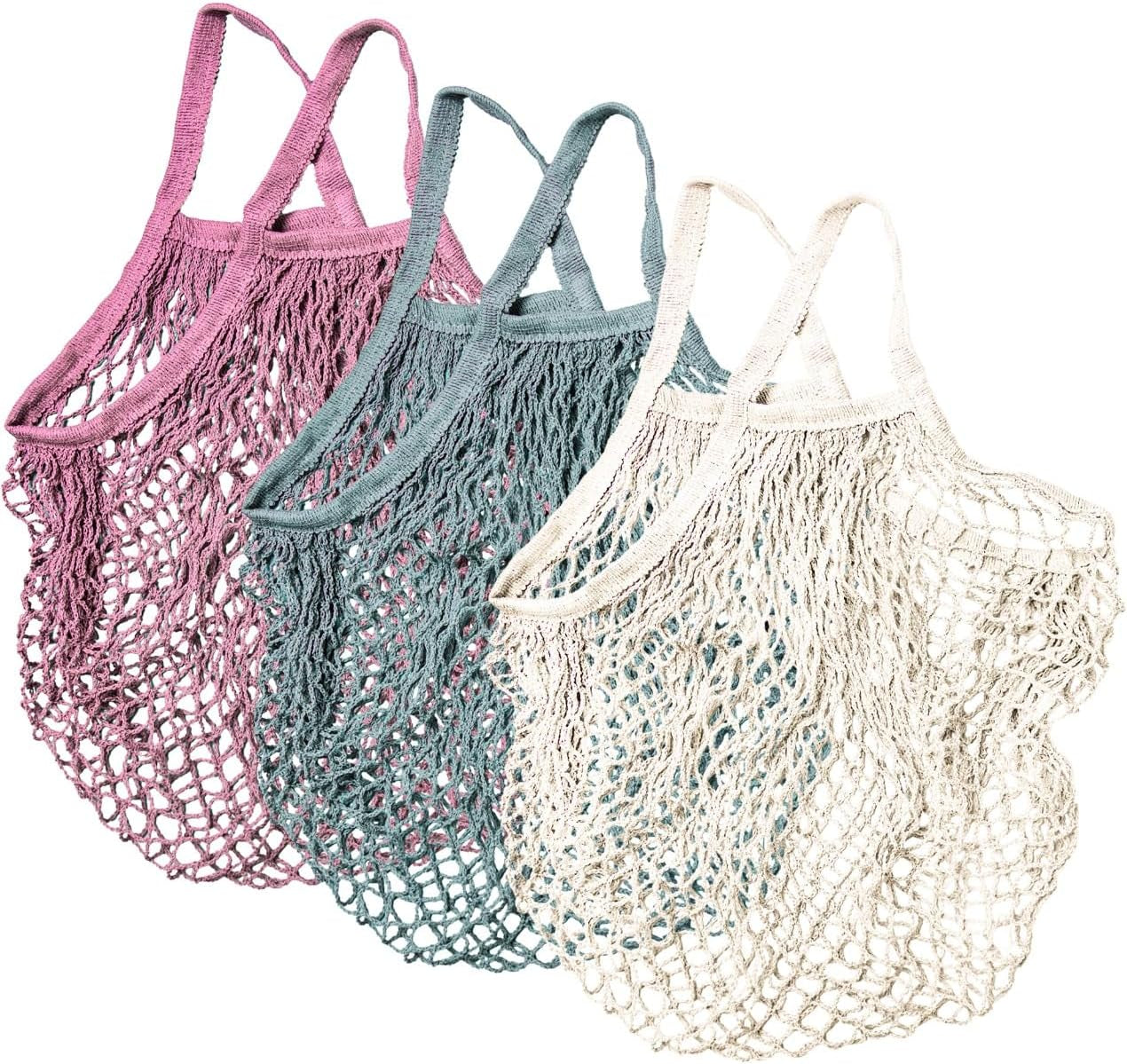 Grocery Mesh Bags 3 Pack Portable Reusable Washable, Organic Cotton String Shopp