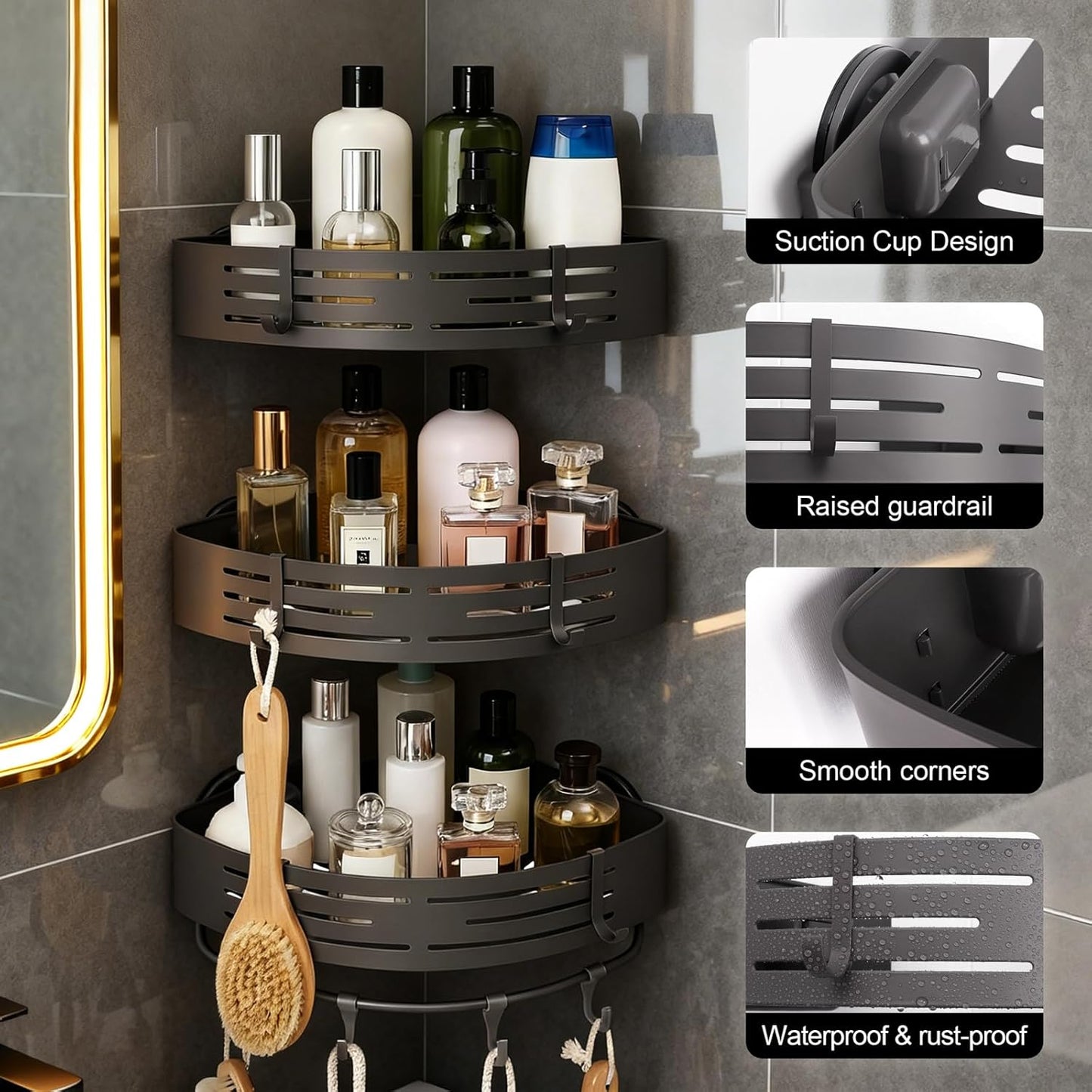 3-Tier No-Drill Storage Caddy with Hooks&Towel Bar,Organizing Solution for Bathroom,Shower&Kitchen