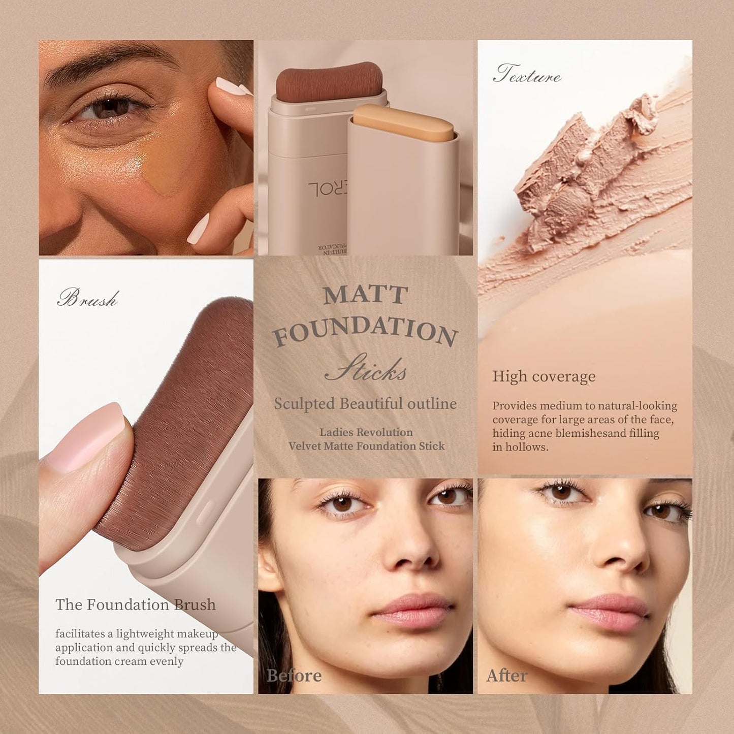Matte Foundation Stick Makeup Built-In Foundation Brush - Lightweight Coverage