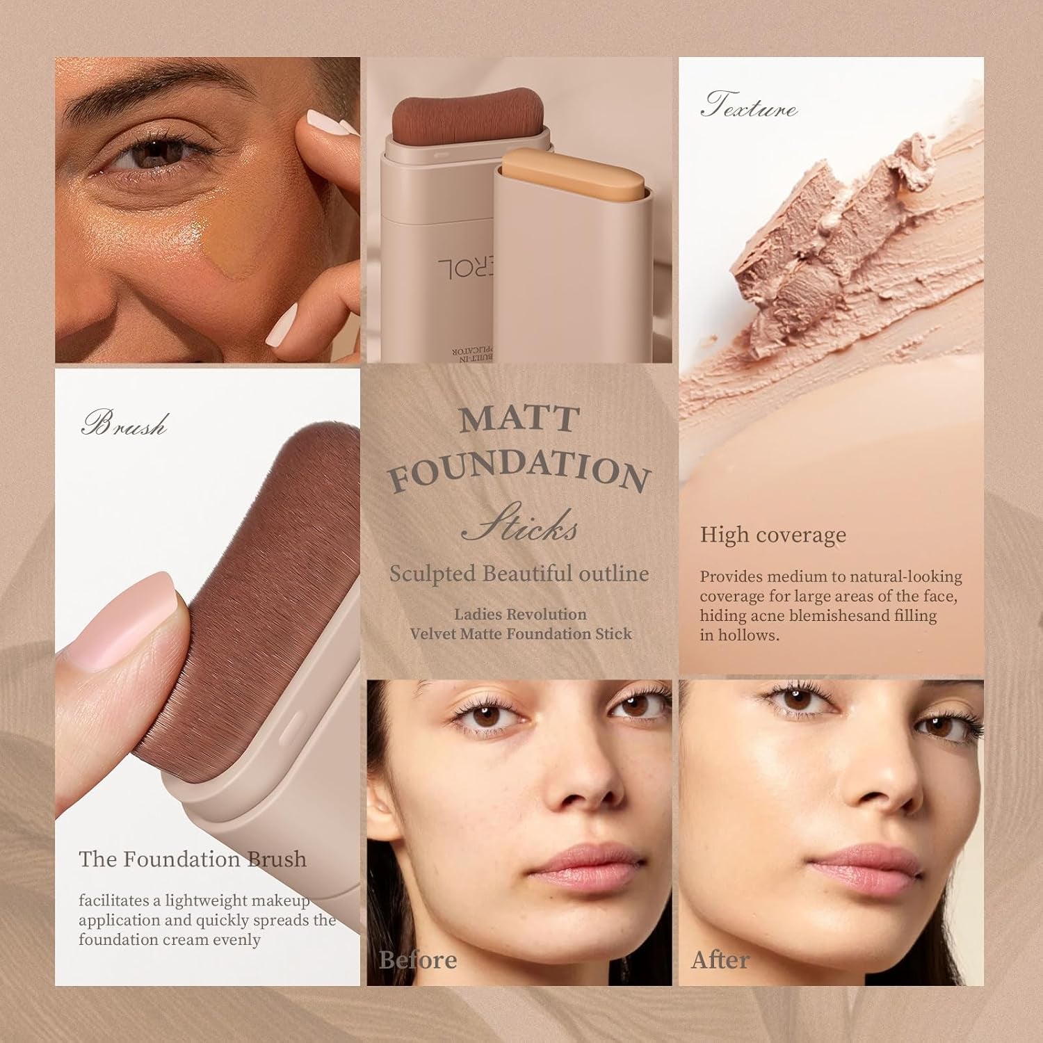 Matte Foundation Stick Makeup Built-In Foundation Brush - Lightweight Coverage
