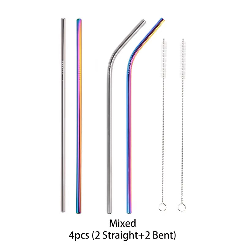 Reusable 304 Stainless Steel Straws Straight Bent Drinking Straw with Cleaning Brush