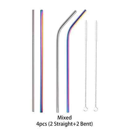 Reusable 304 Stainless Steel Straws Straight Bent Drinking Straw with Cleaning Brush