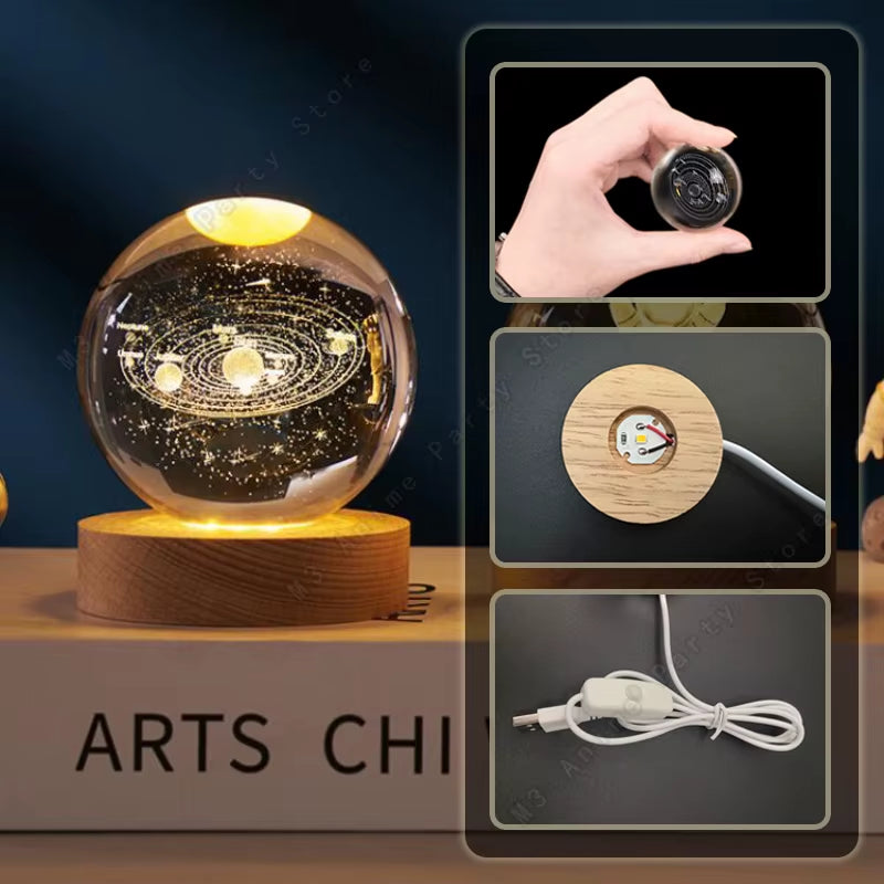 Unique 3D Crystal Ball Night Light Led Lamp Bedside Table Glowing Galaxy Lamp Saturn Planets Moon Children Birthday Gift Toy 5Cm