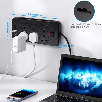 Surge Protected Extension Lead with 6 USB USB C 6Gang Way Power Cable UK Plug