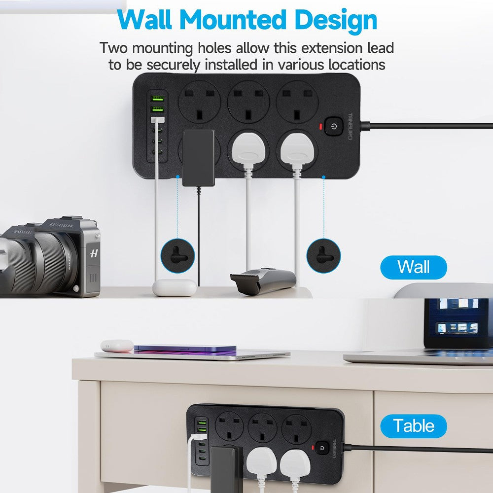 Surge Protected Extension Lead with 6 USB USB C 6Gang Way Power Cable UK Plug