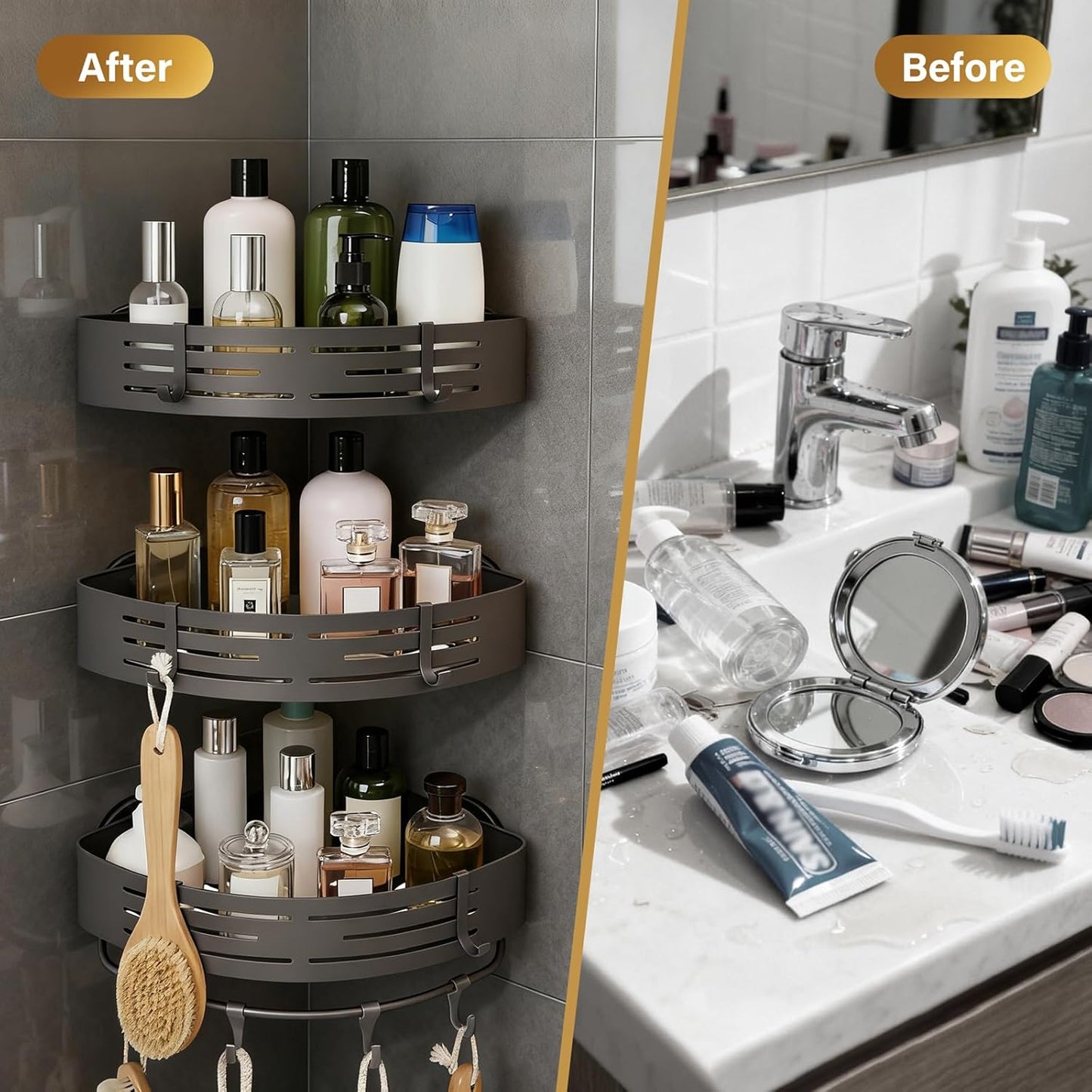 3-Tier No-Drill Storage Caddy with Hooks&Towel Bar,Organizing Solution for Bathroom,Shower&Kitchen