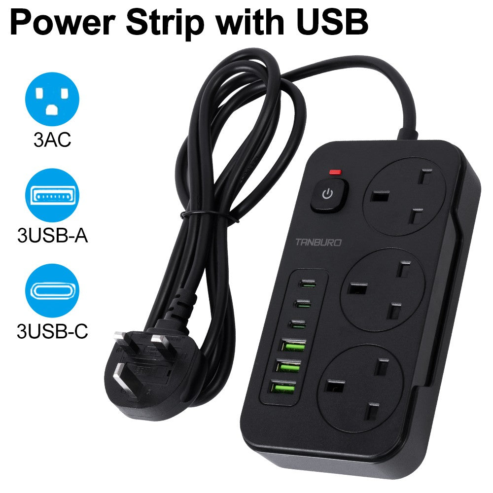 Surge Protected Extension Lead with 6 USB USB C 6Gang Way Power Cable UK Plug