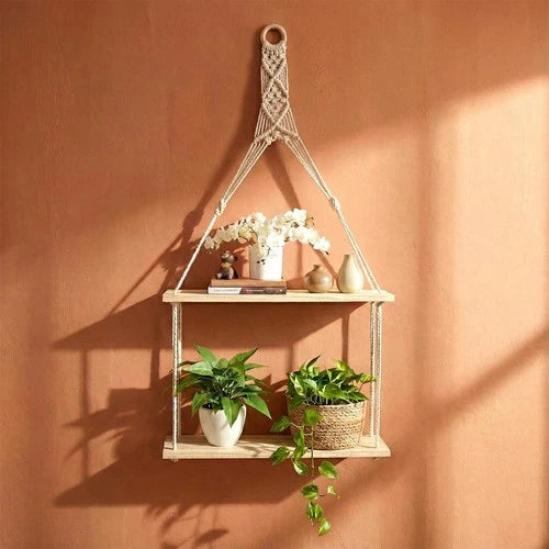 2 Tier Rope Hanging Shelf Wooden Boho Bedroom Decor