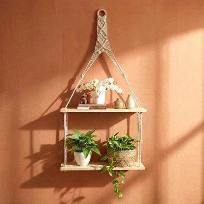 2 Tier Rope Hanging Shelf Wooden Boho Bedroom Decor