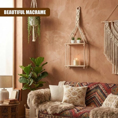 2 Tier Rope Hanging Shelf Wooden Boho Bedroom Decor
