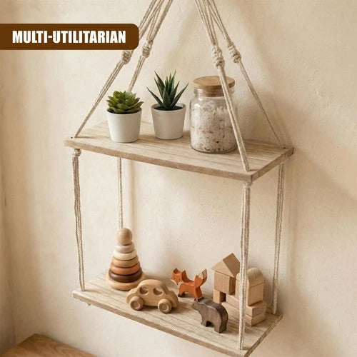2 Tier Rope Hanging Shelf Wooden Boho Bedroom Decor