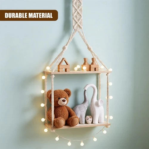 2 Tier Rope Hanging Shelf Wooden Boho Bedroom Decor