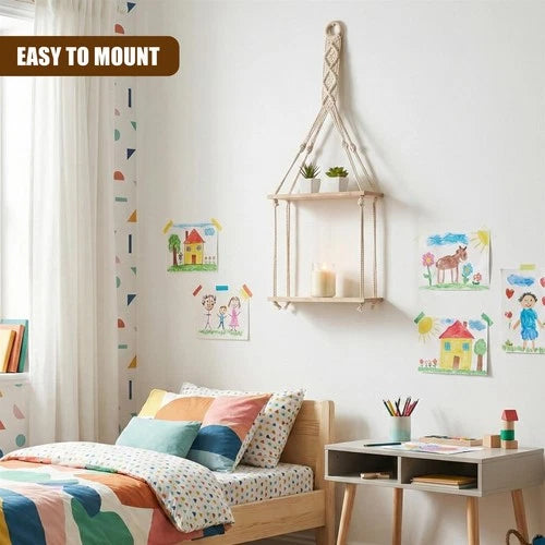 2 Tier Rope Hanging Shelf Wooden Boho Bedroom Decor