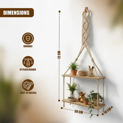2 Tier Rope Hanging Shelf Wooden Boho Bedroom Decor