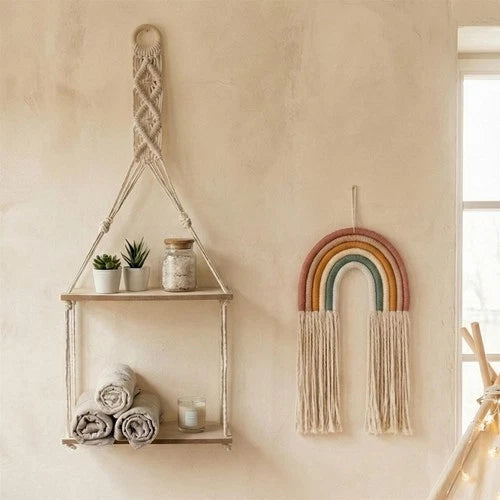 2 Tier Rope Hanging Shelf Wooden Boho Bedroom Decor